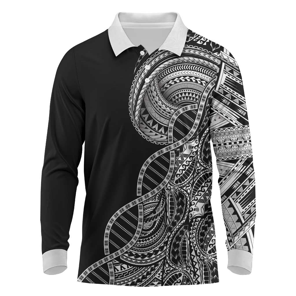 Samoan DNA Art Tattoo Long Sleeve Polo Shirt Polynesian Pattern Black Color