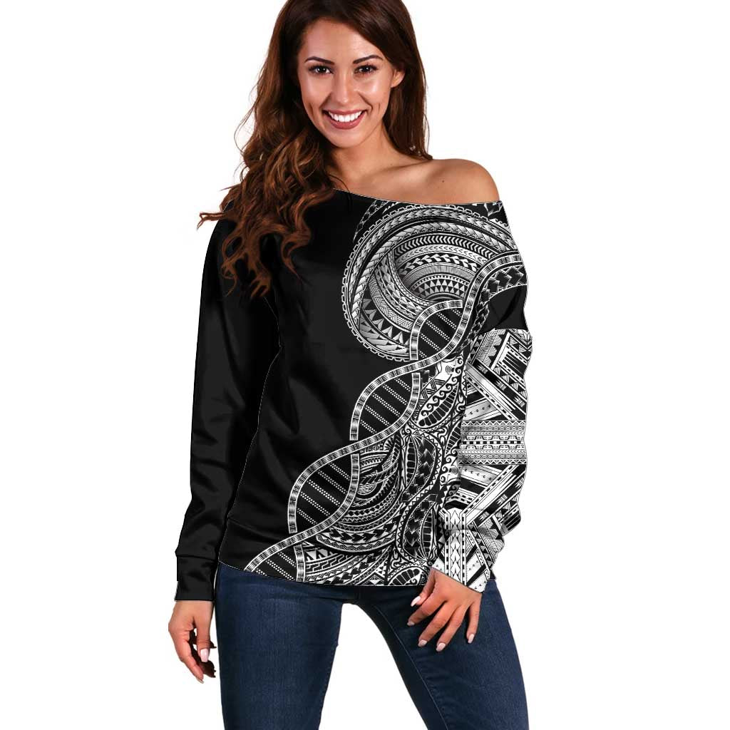 Samoan DNA Art Tattoo Off Shoulder Sweater Polynesian Pattern Black Color