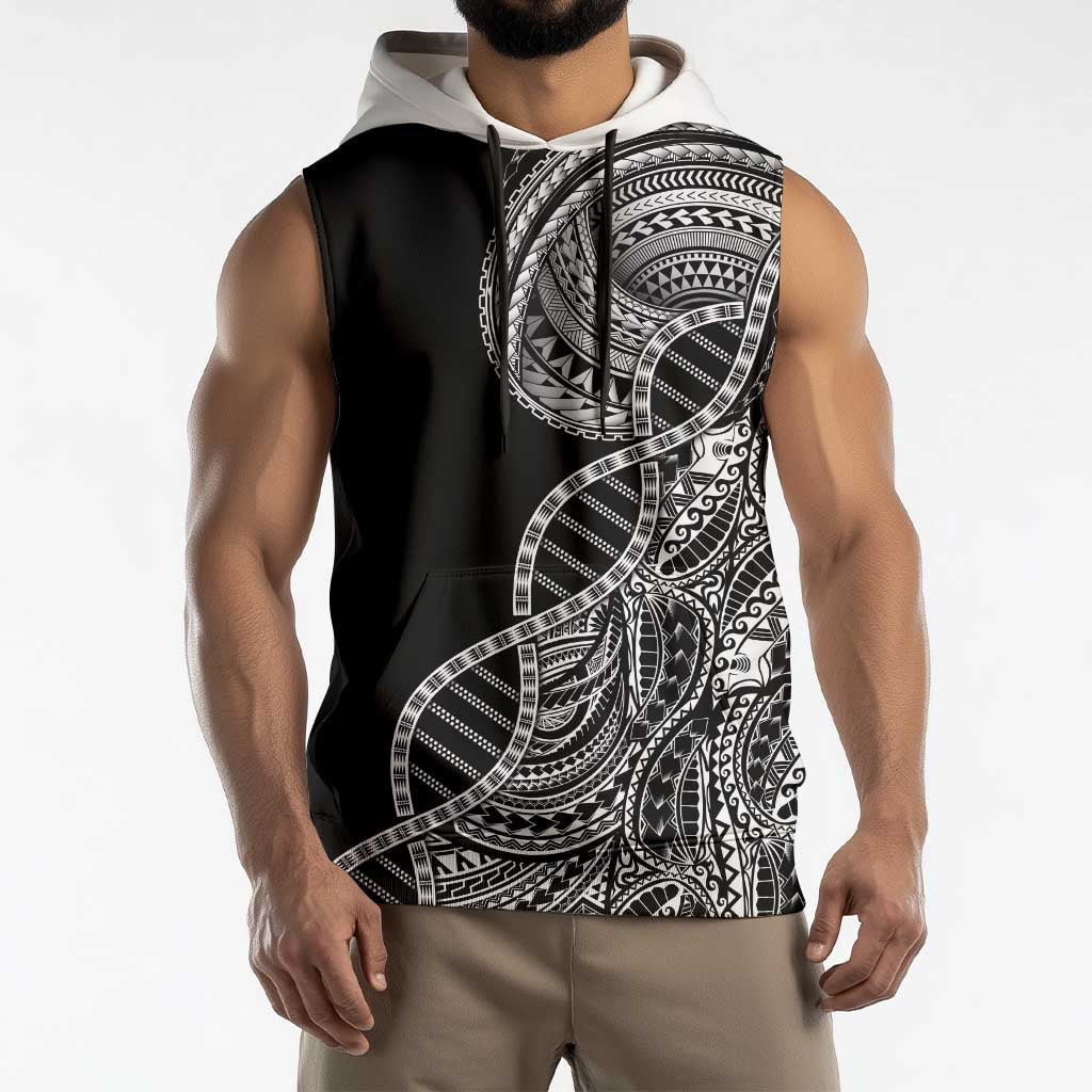 Samoan DNA Art Tattoo Sleeveless Hoodie Polynesian Pattern Black Color