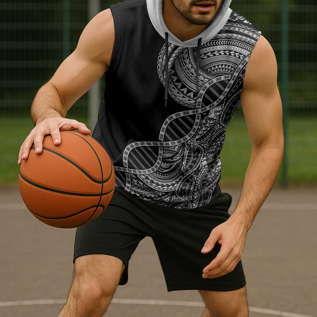 Samoan DNA Art Tattoo Sleeveless Hoodie Polynesian Pattern Black Color