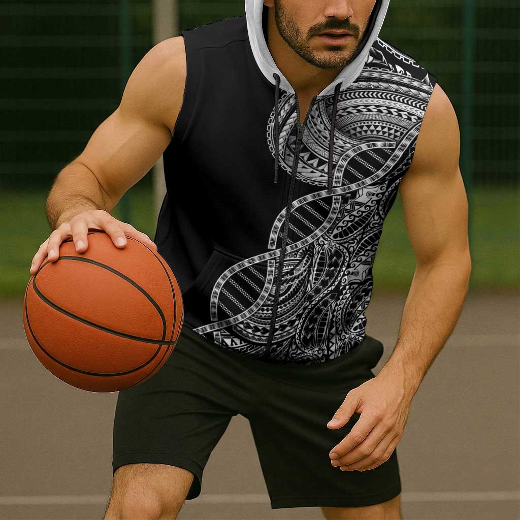Samoan DNA Art Tattoo Sleeveless Zip Hoodie Polynesian Pattern Black Color