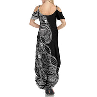 Samoan DNA Art Tattoo Summer Maxi Dress Polynesian Pattern Black Color