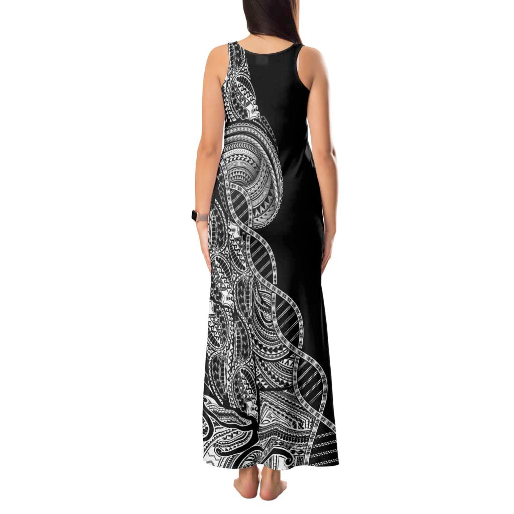 Samoan DNA Art Tattoo Tank Maxi Dress Polynesian Pattern Black Color