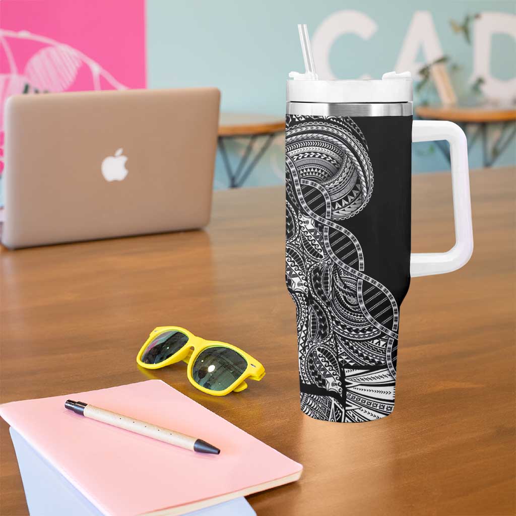 Samoan DNA Art Tattoo Tumbler With Handle Polynesian Pattern Black Color