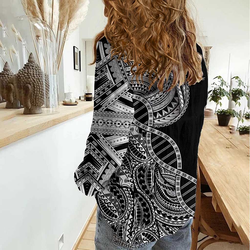Samoan DNA Art Tattoo Women Casual Shirt Polynesian Pattern Black Color