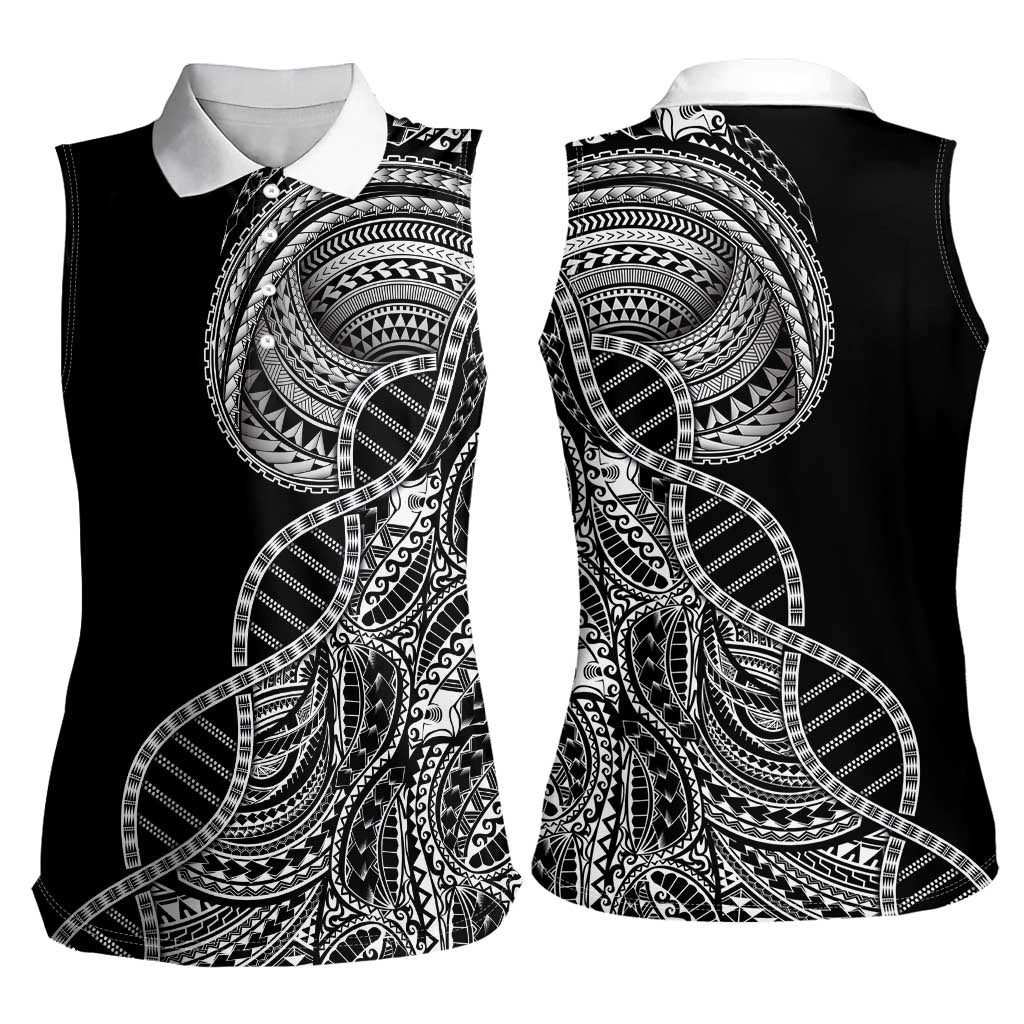 Samoan DNA Art Tattoo Women Sleeveless Polo Shirt Polynesian Pattern Black Color