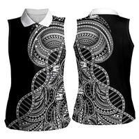 Samoan DNA Art Tattoo Women Sleeveless Polo Shirt Polynesian Pattern Black Color