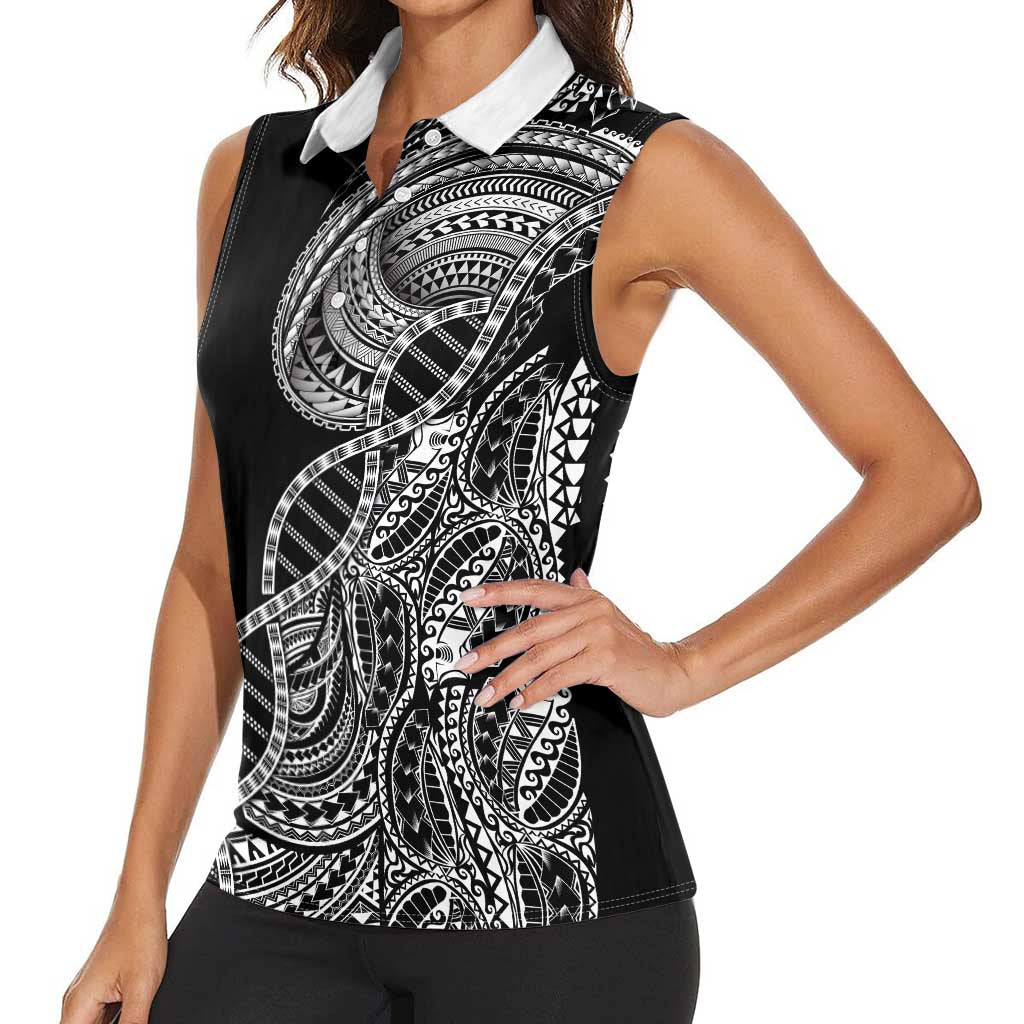 Samoan DNA Art Tattoo Women Sleeveless Polo Shirt Polynesian Pattern Black Color
