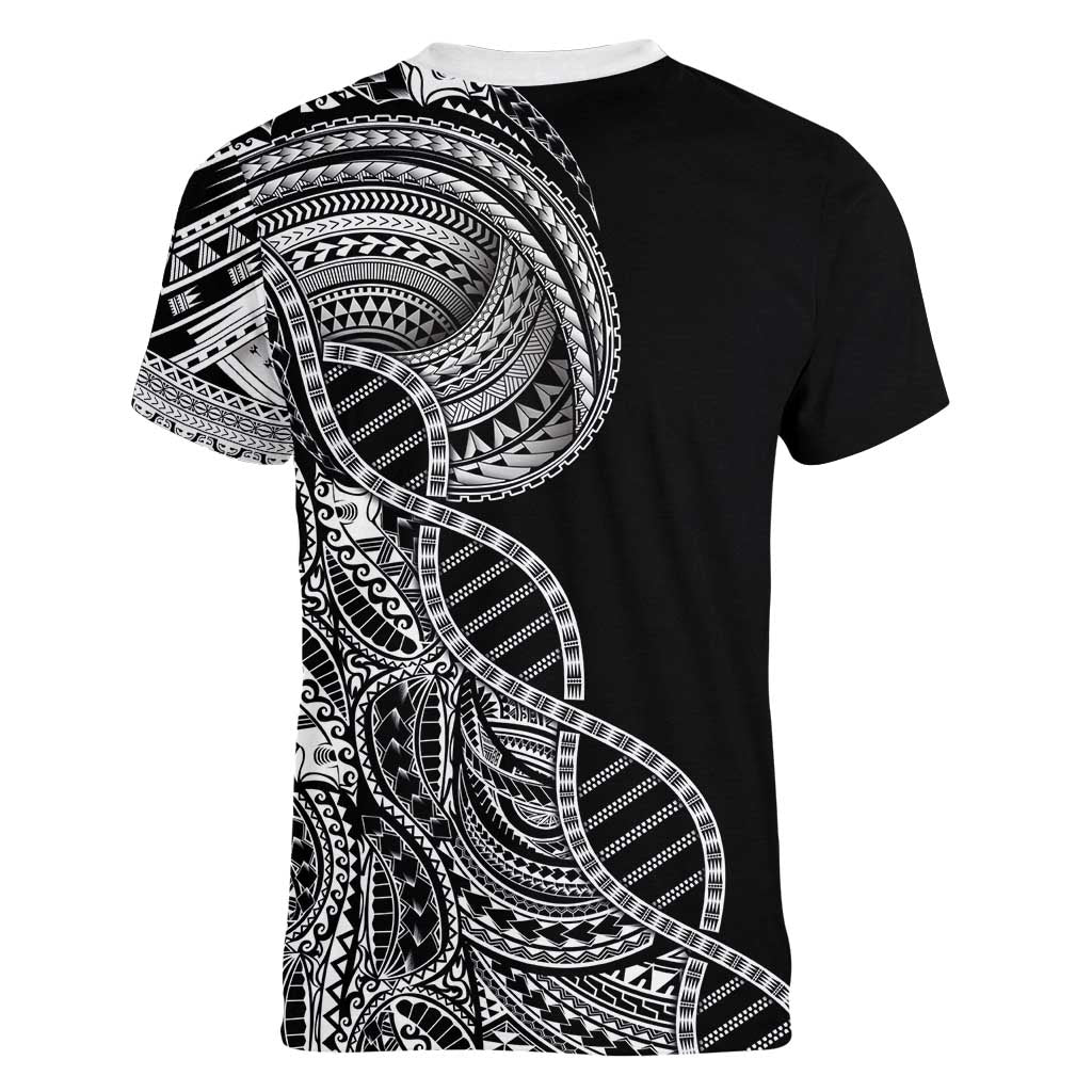 Samoan DNA Art Tattoo Women V-Neck T-Shirt Polynesian Pattern Black Color