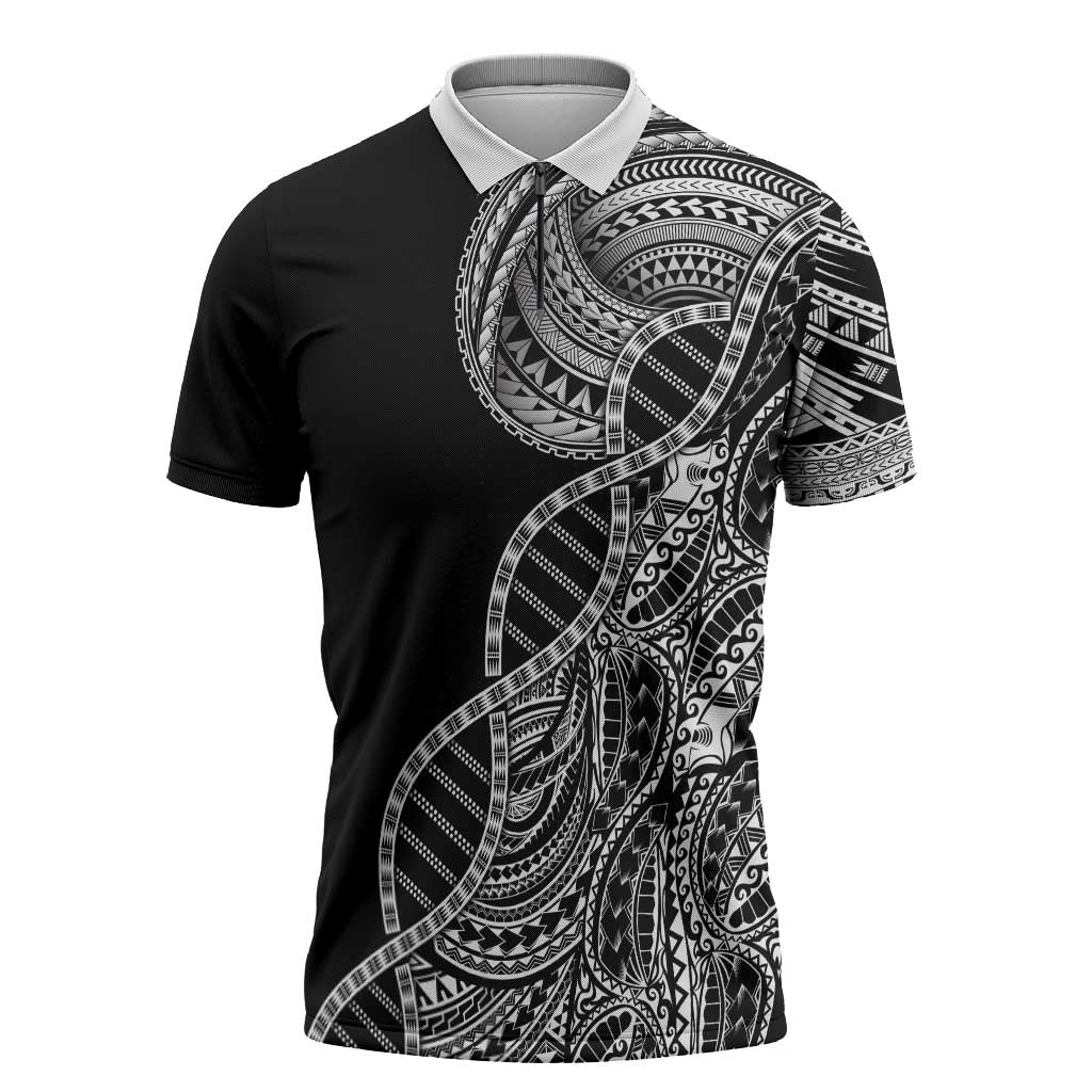 Samoan DNA Art Tattoo Zipper Polo Shirt Polynesian Pattern Black Color