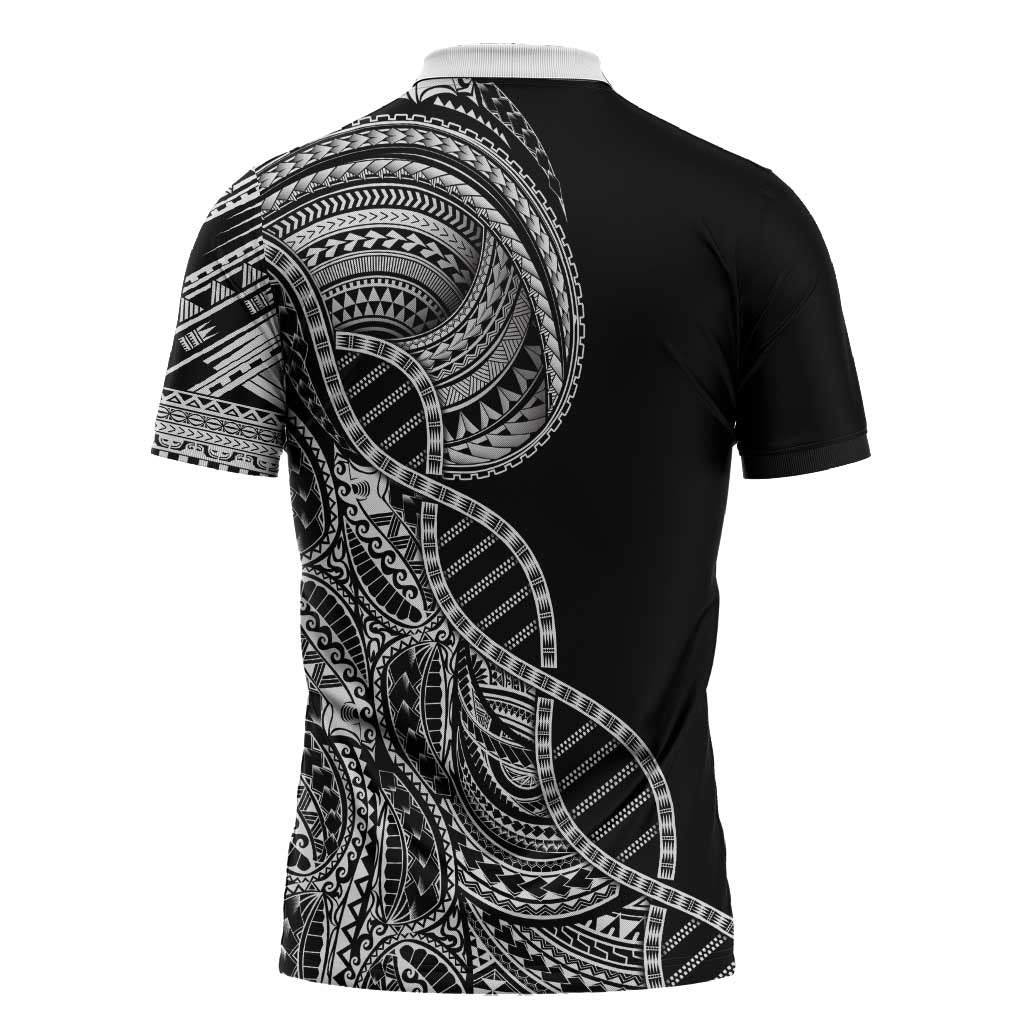 Samoan DNA Art Tattoo Zipper Polo Shirt Polynesian Pattern Black Color