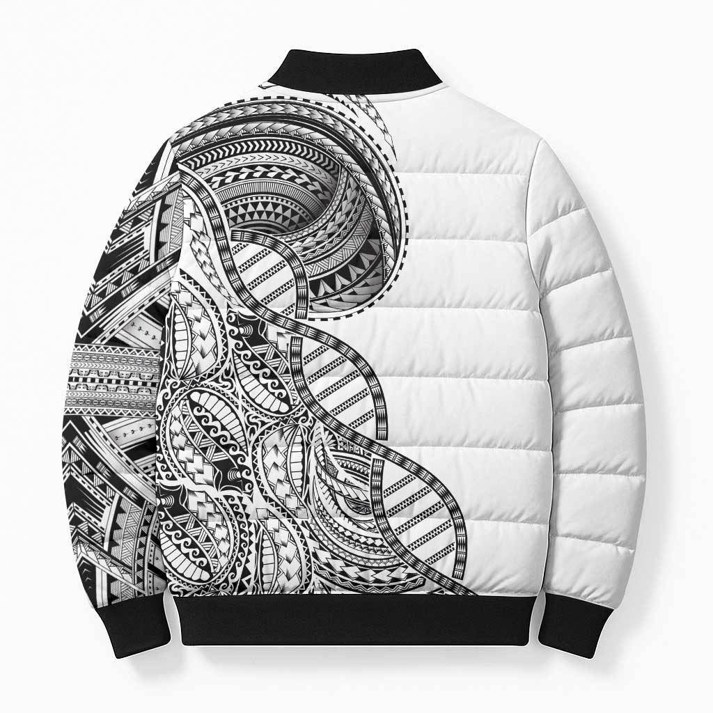 Samoan DNA Art Tattoo Bomber Puffer Jacket Polynesian Pattern White Color