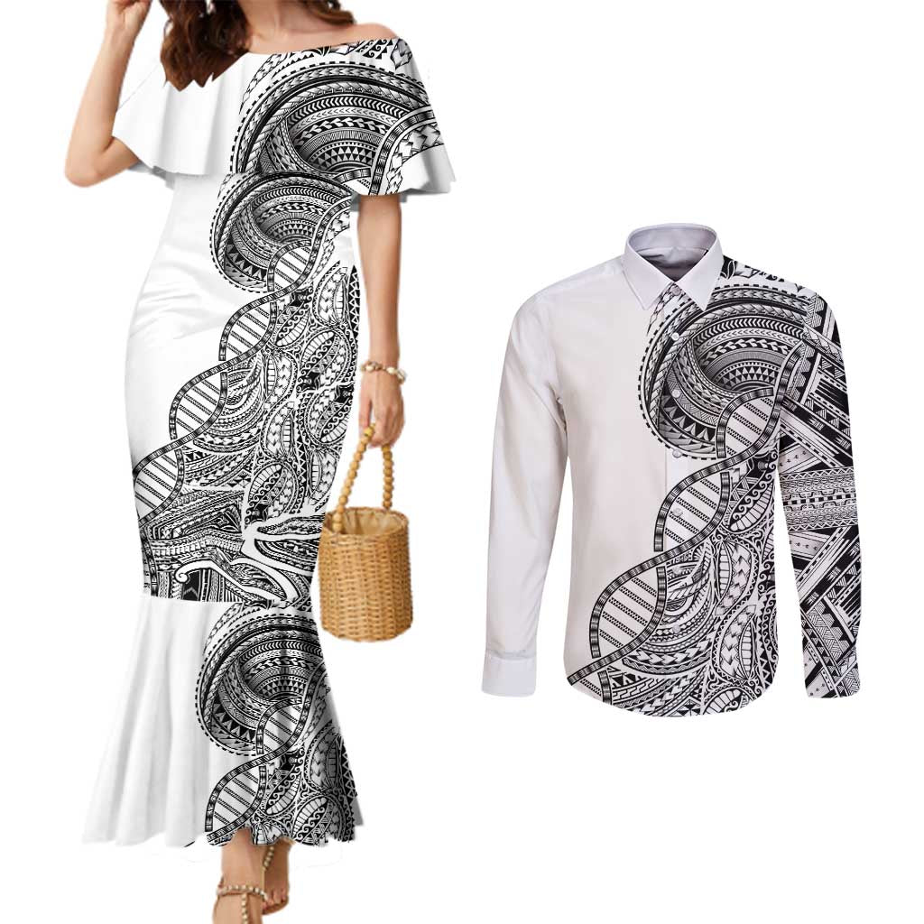 Samoan DNA Art Tattoo Couples Matching Mermaid Dress and Long Sleeve Button Shirt Polynesian Pattern White Color