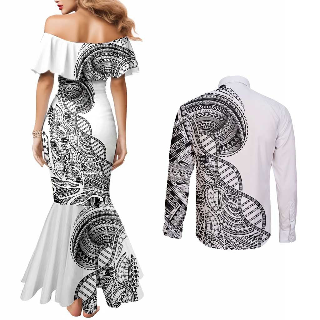 Samoan DNA Art Tattoo Couples Matching Mermaid Dress and Long Sleeve Button Shirt Polynesian Pattern White Color