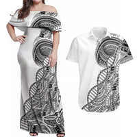Samoan DNA Art Tattoo Couples Matching Off Shoulder Maxi Dress and Hawaiian Shirt Polynesian Pattern White Color