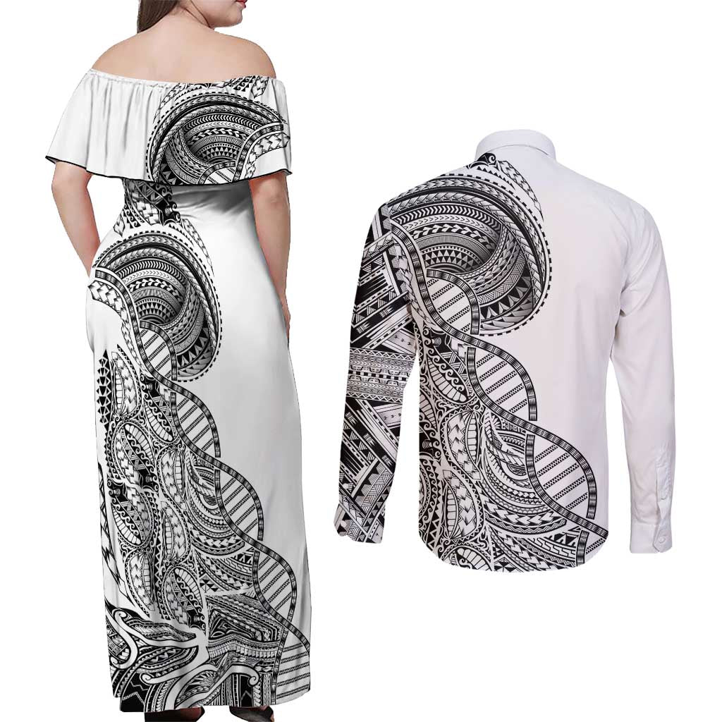 Samoan DNA Art Tattoo Couples Matching Off Shoulder Maxi Dress and Long Sleeve Button Shirt Polynesian Pattern White Color