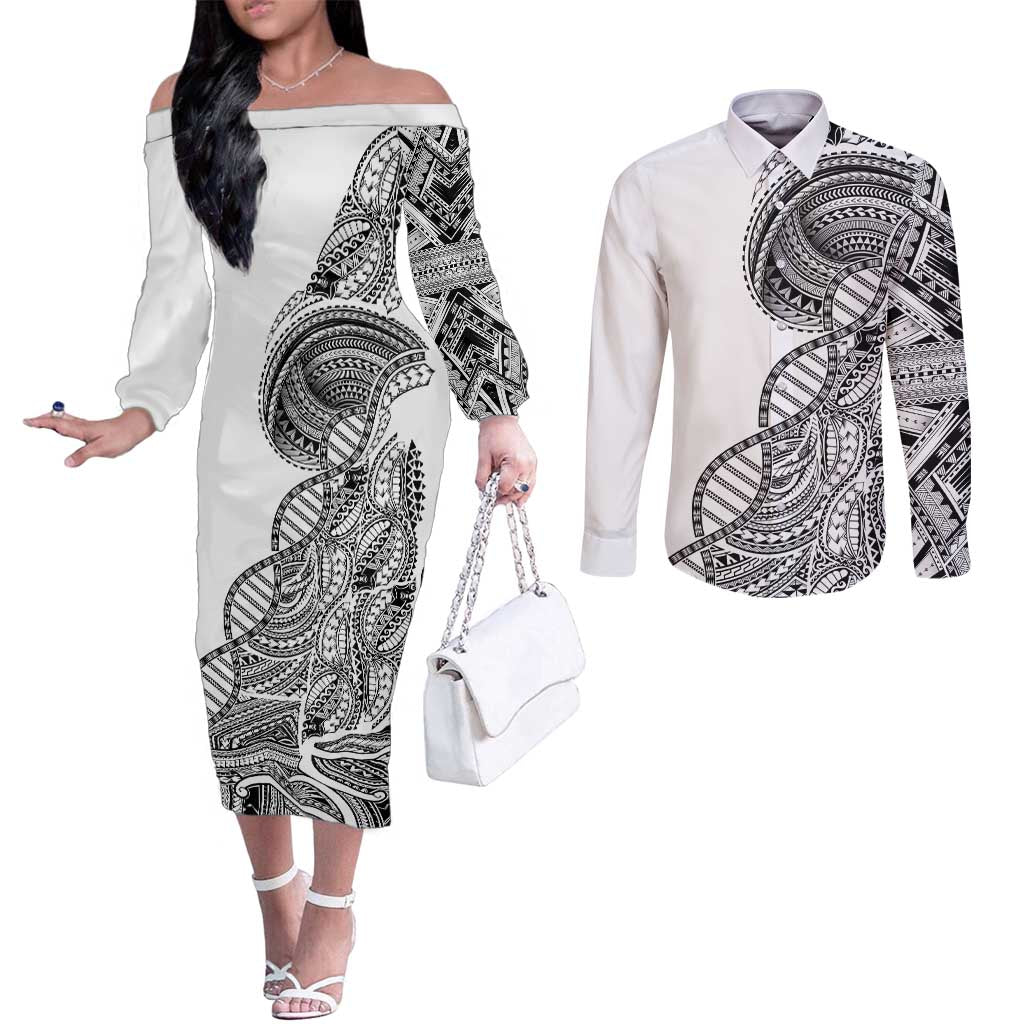 Samoan DNA Art Tattoo Couples Matching Off The Shoulder Long Sleeve Dress and Long Sleeve Button Shirt Polynesian Pattern White Color