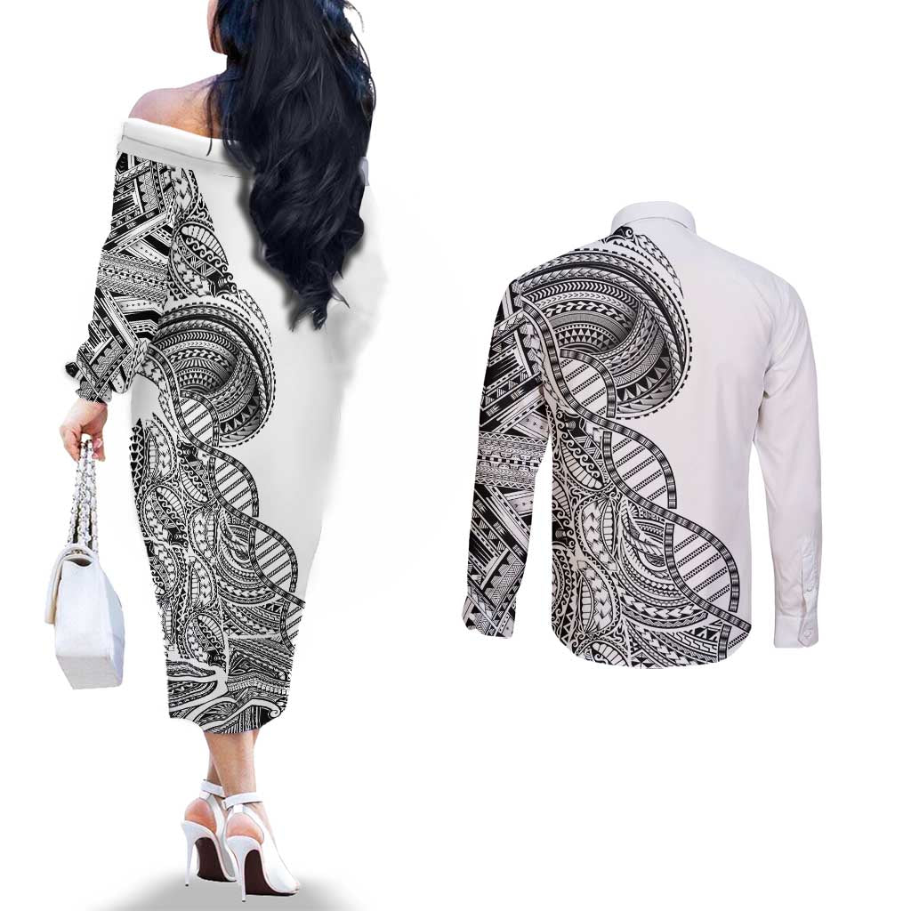 Samoan DNA Art Tattoo Couples Matching Off The Shoulder Long Sleeve Dress and Long Sleeve Button Shirt Polynesian Pattern White Color