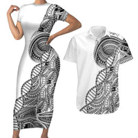 Samoan DNA Art Tattoo Couples Matching Short Sleeve Bodycon Dress and Hawaiian Shirt Polynesian Pattern White Color