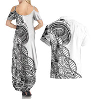 Samoan DNA Art Tattoo Couples Matching Summer Maxi Dress and Hawaiian Shirt Polynesian Pattern White Color