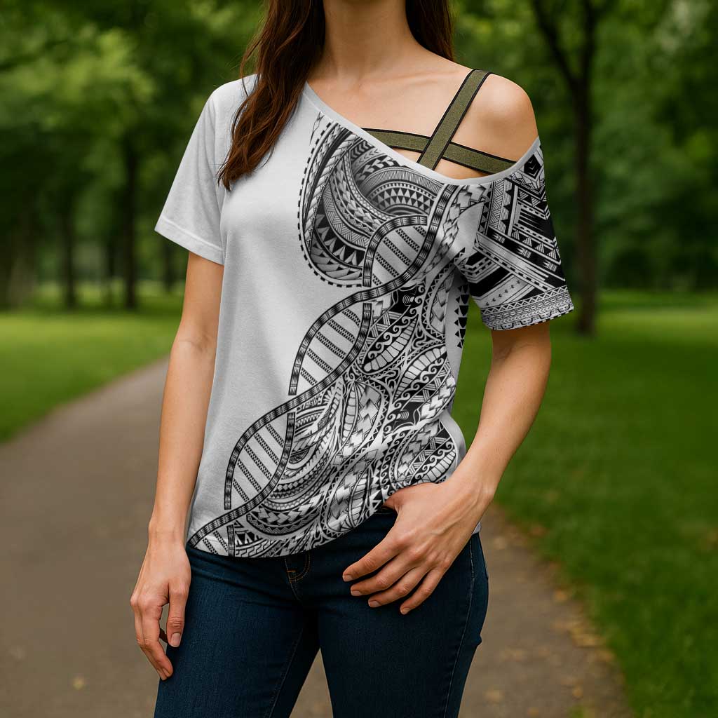Samoan DNA Art Tattoo Cross Shoulder Shirt Polynesian Pattern White Color