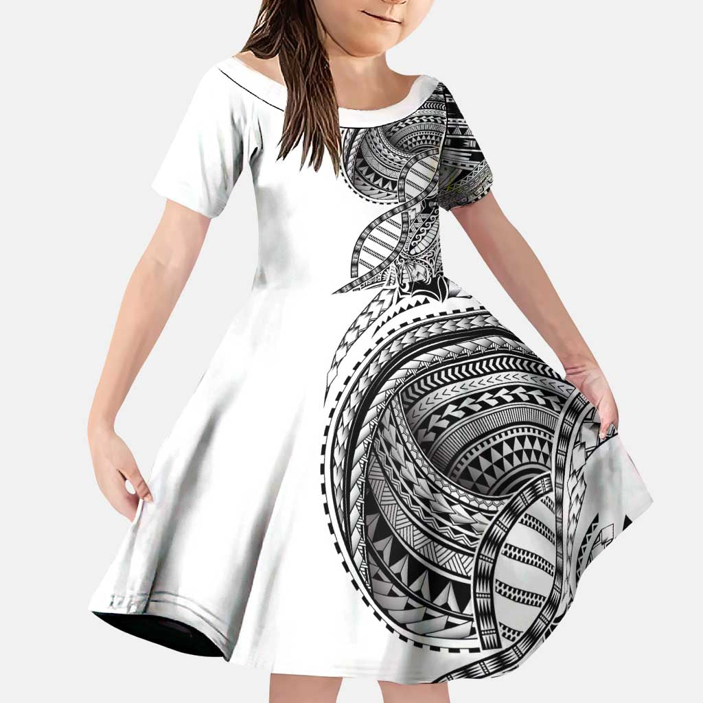 Samoan DNA Art Tattoo Family Matching Off Shoulder Maxi Dress and Hawaiian Shirt Polynesian Pattern White Color