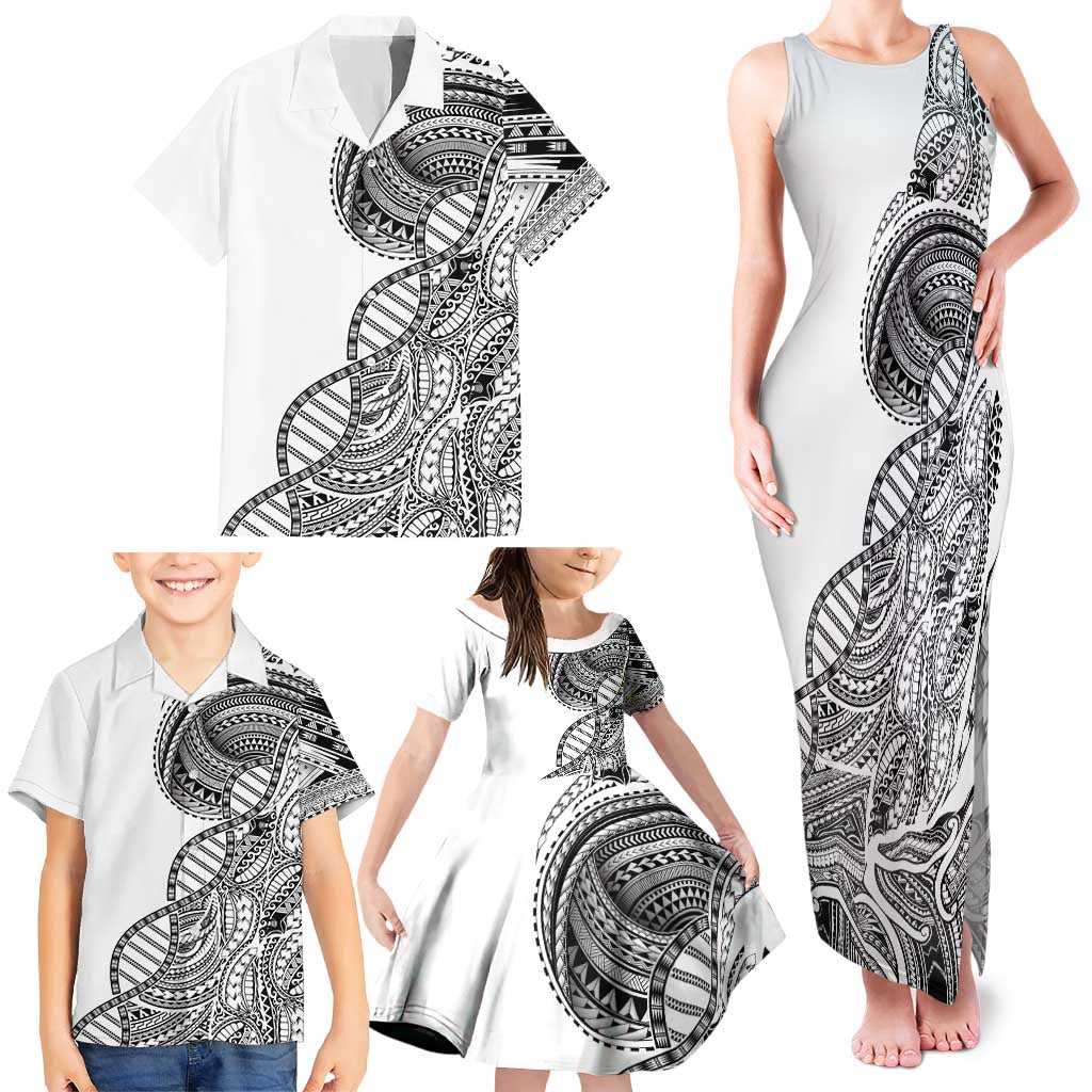 Samoan DNA Art Tattoo Family Matching Tank Maxi Dress and Hawaiian Shirt Polynesian Pattern White Color