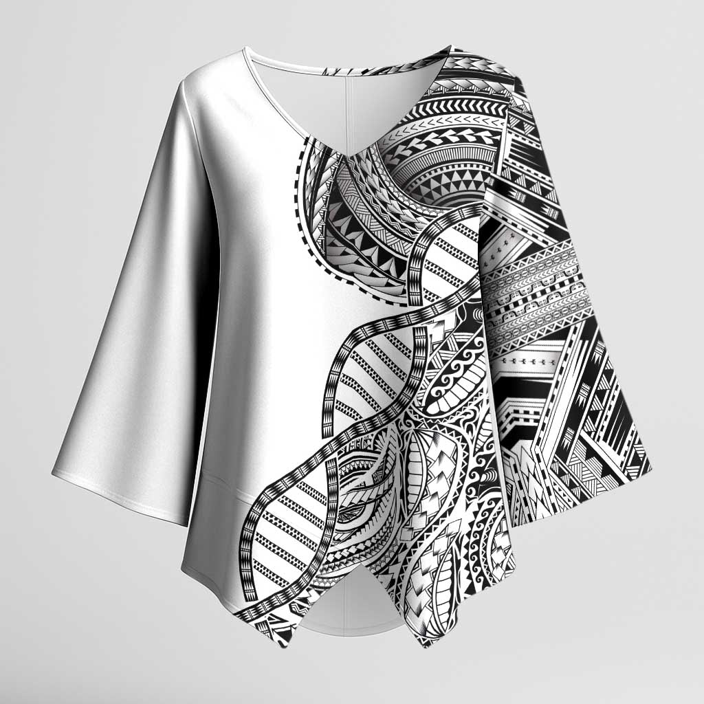 Samoan DNA Art Tattoo Kimono Sleeve Blouse Polynesian Pattern White Color