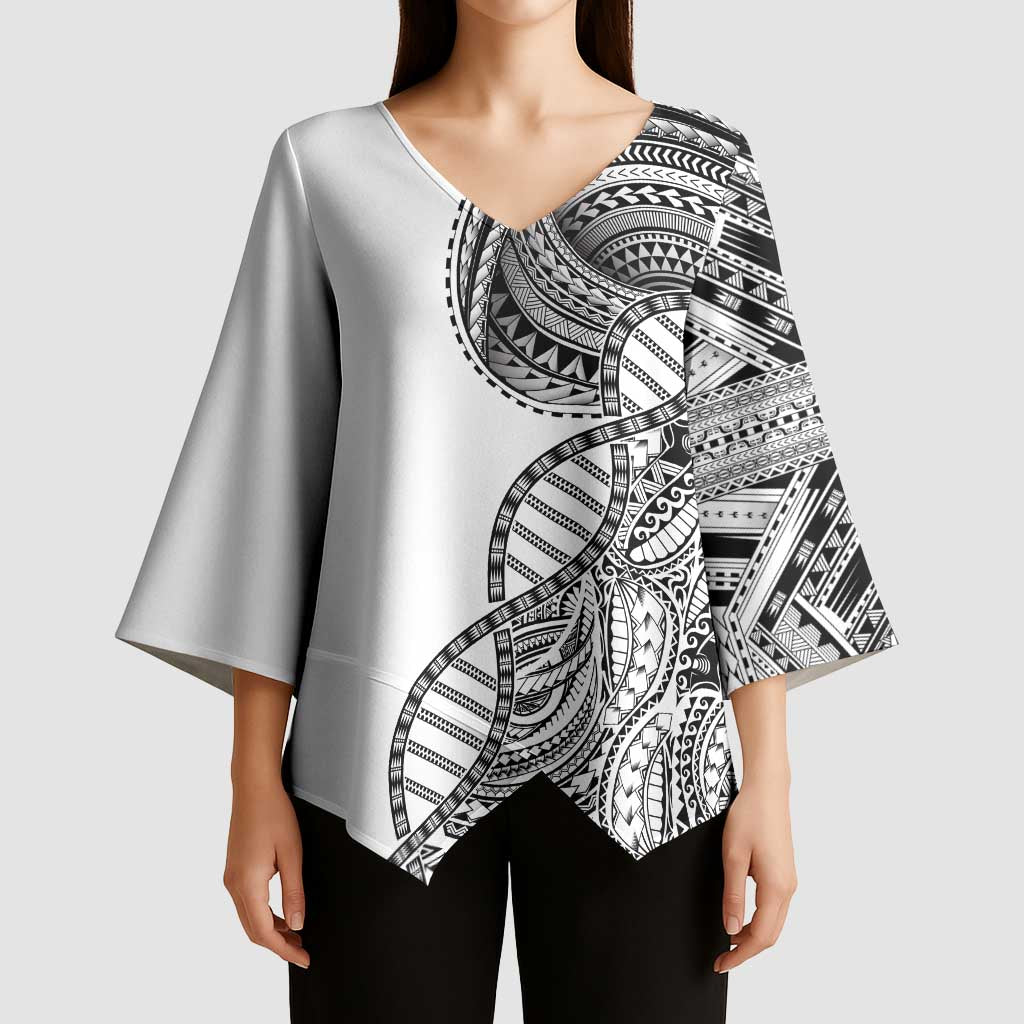 Samoan DNA Art Tattoo Kimono Sleeve Blouse Polynesian Pattern White Color