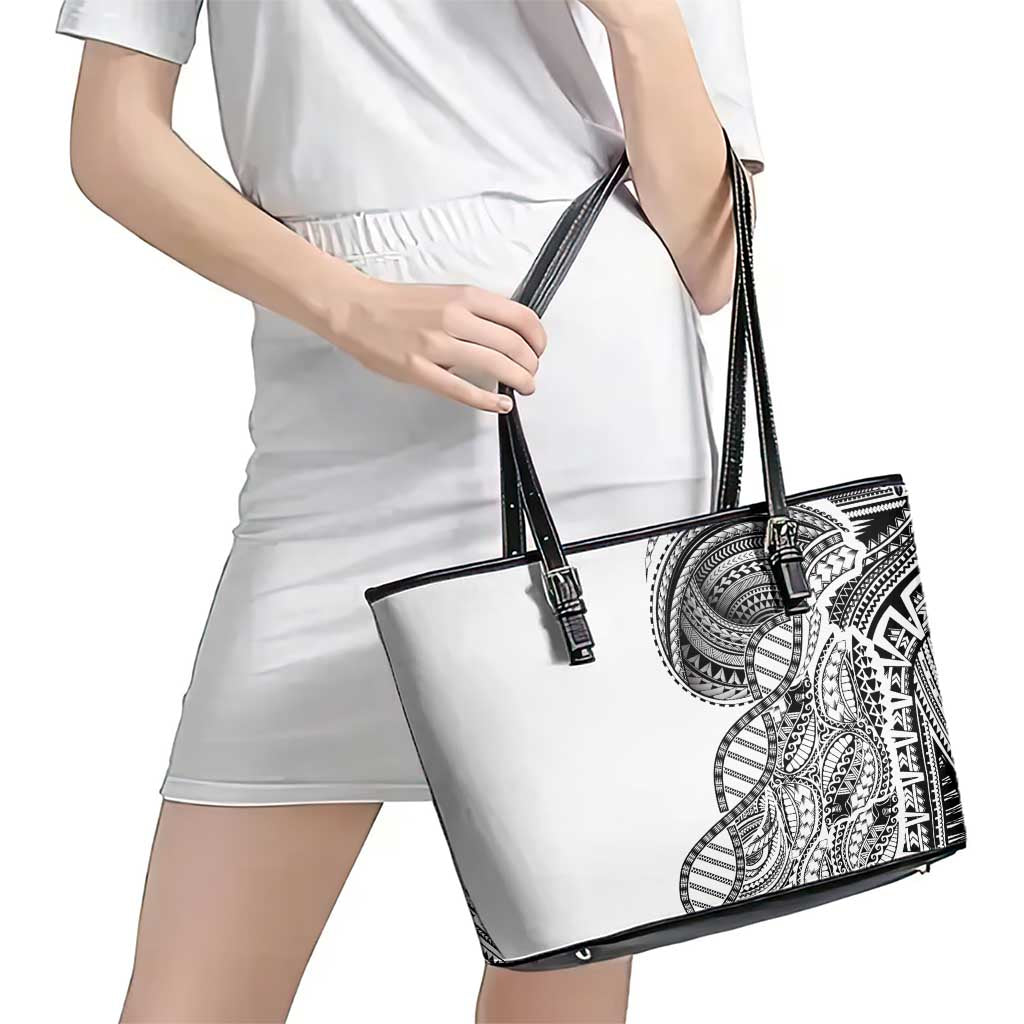 Samoan DNA Art Tattoo Leather Tote Bag Polynesian Pattern White Color