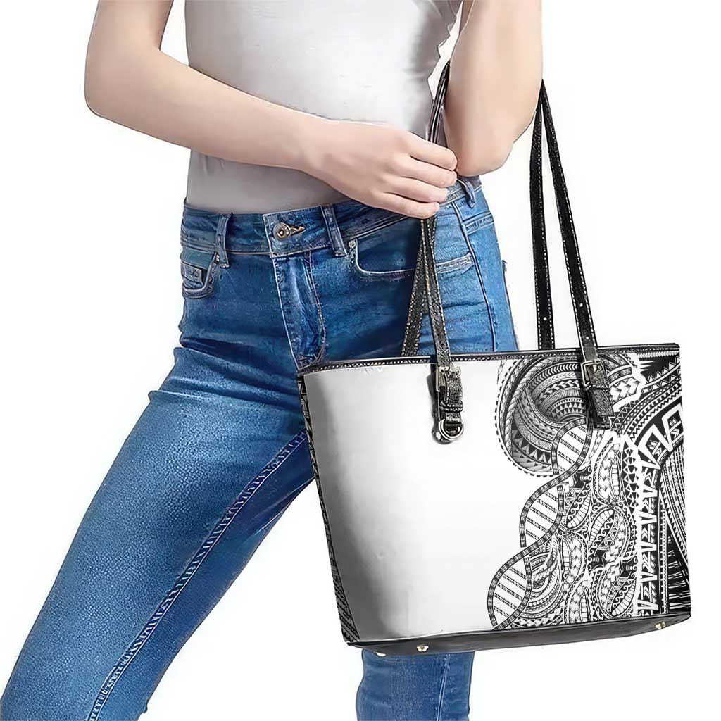 Samoan DNA Art Tattoo Leather Tote Bag Polynesian Pattern White Color