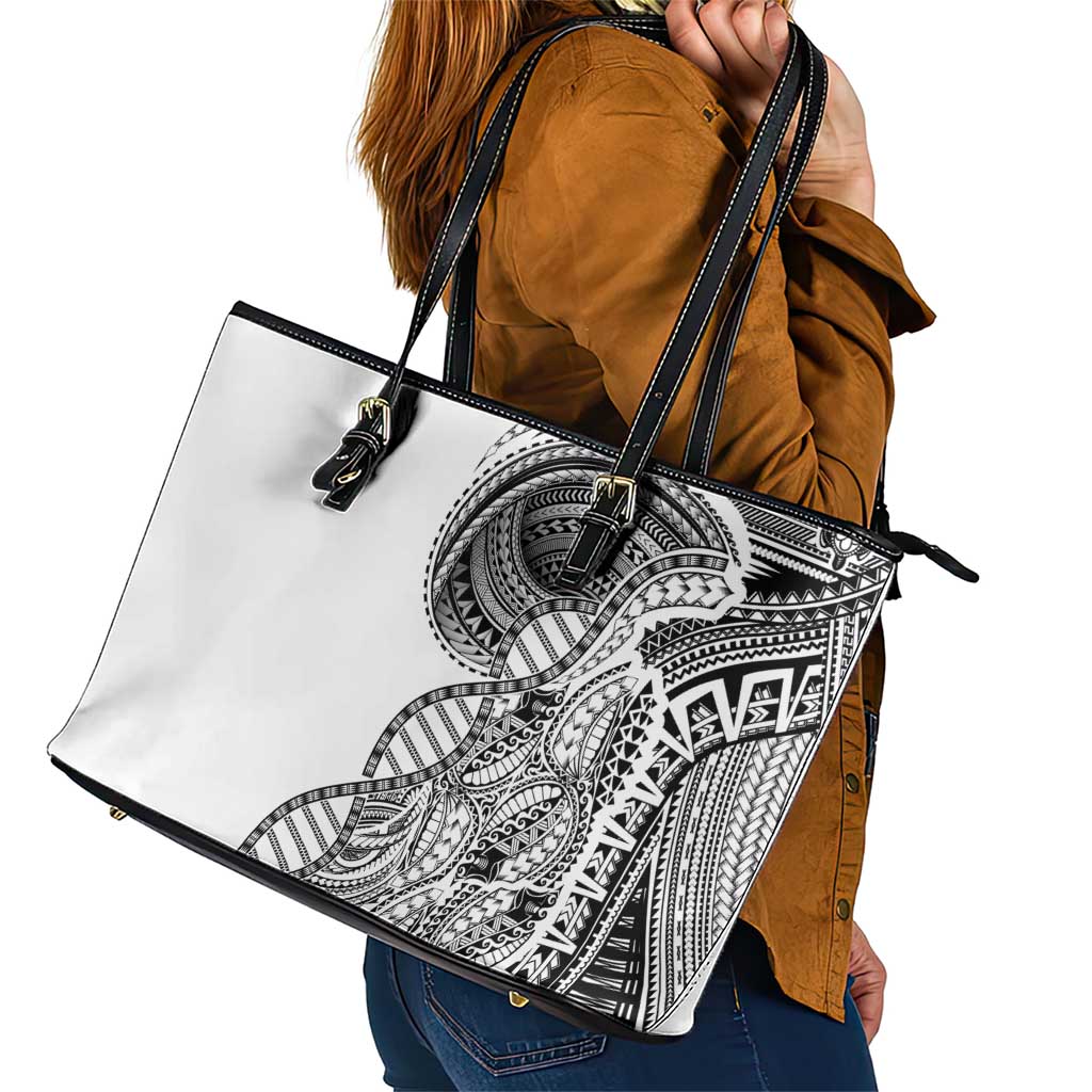 Samoan DNA Art Tattoo Leather Tote Bag Polynesian Pattern White Color