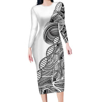 Samoan DNA Art Tattoo Long Sleeve Bodycon Dress Polynesian Pattern White Color