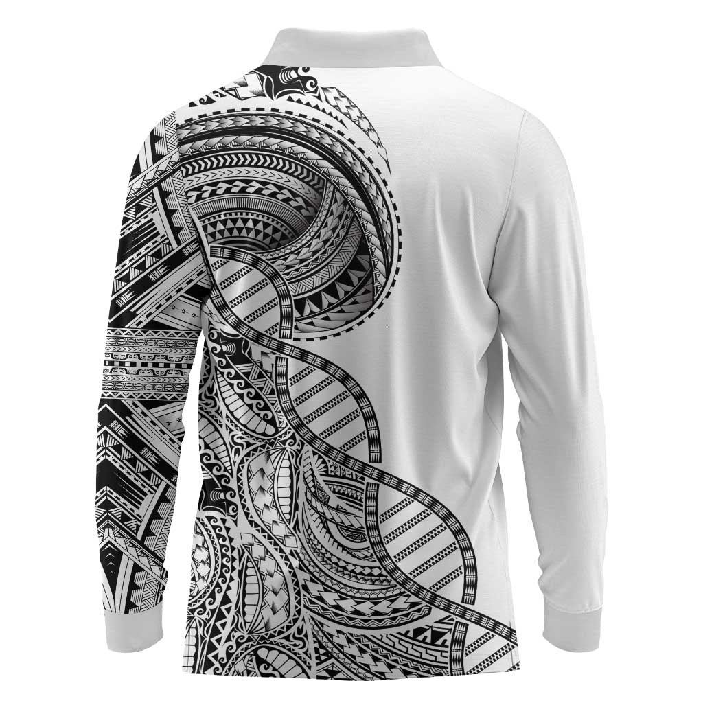 Samoan DNA Art Tattoo Long Sleeve Polo Shirt Polynesian Pattern White Color