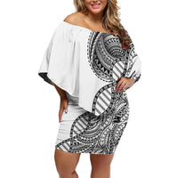 Samoan DNA Art Tattoo Off Shoulder Short Dress Polynesian Pattern White Color