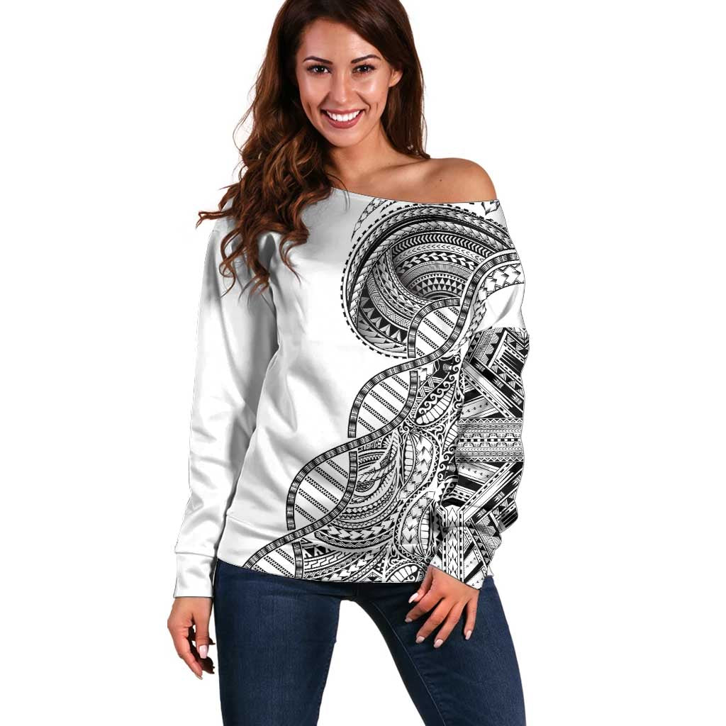 Samoan DNA Art Tattoo Off Shoulder Sweater Polynesian Pattern White Color