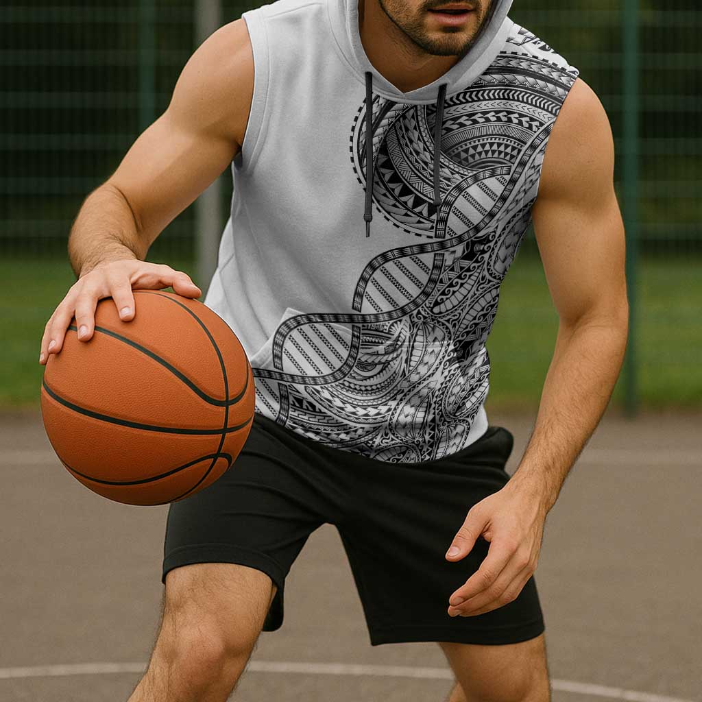 Samoan DNA Art Tattoo Sleeveless Hoodie Polynesian Pattern White Color
