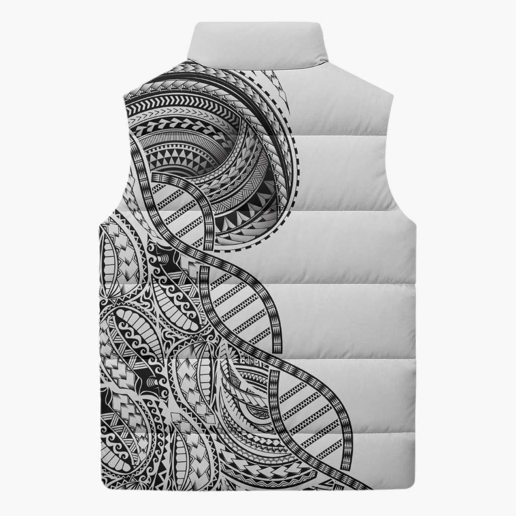 Samoan DNA Art Tattoo Sleeveless Puffer Jacket Polynesian Pattern White Color