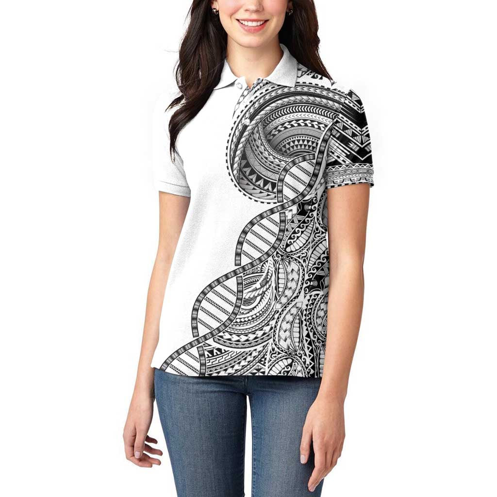 Samoan DNA Art Tattoo Women Polo Shirt Polynesian Pattern White Color