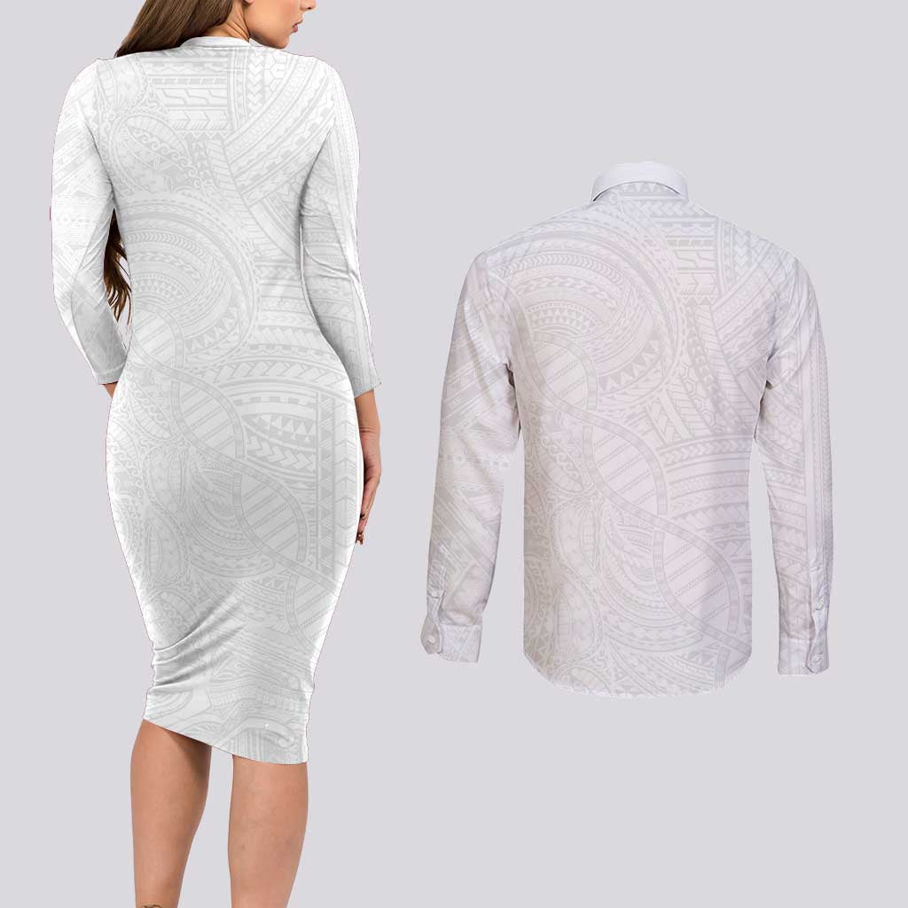 Samoan DNA Art Tattoo Couples Matching Long Sleeve Bodycon Dress and Long Sleeve Button Shirt Polynesian Pattern All White
