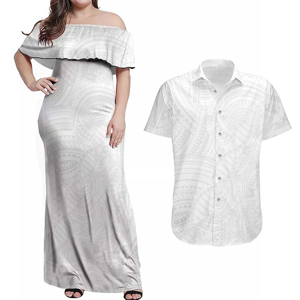 Samoan DNA Art Tattoo Couples Matching Off Shoulder Maxi Dress and Hawaiian Shirt Polynesian Pattern All White