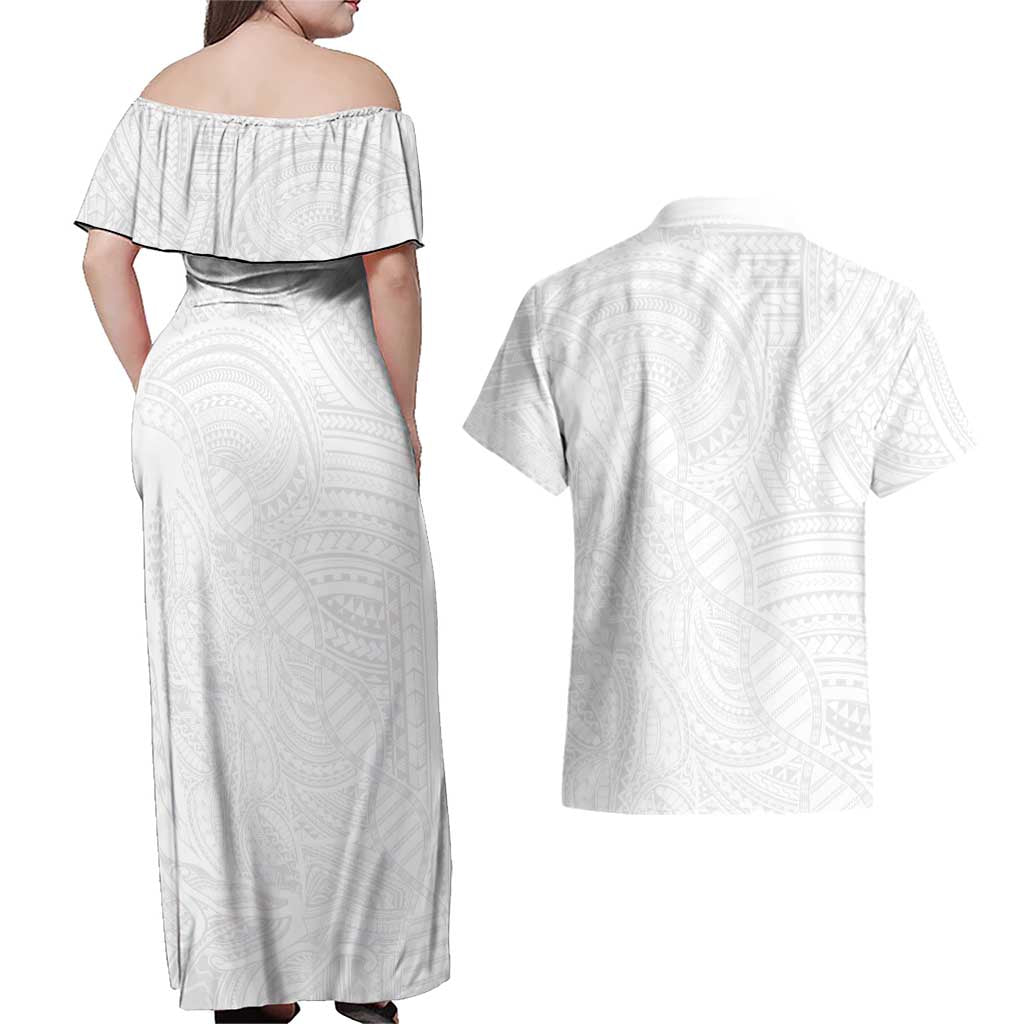 Samoan DNA Art Tattoo Couples Matching Off Shoulder Maxi Dress and Hawaiian Shirt Polynesian Pattern All White