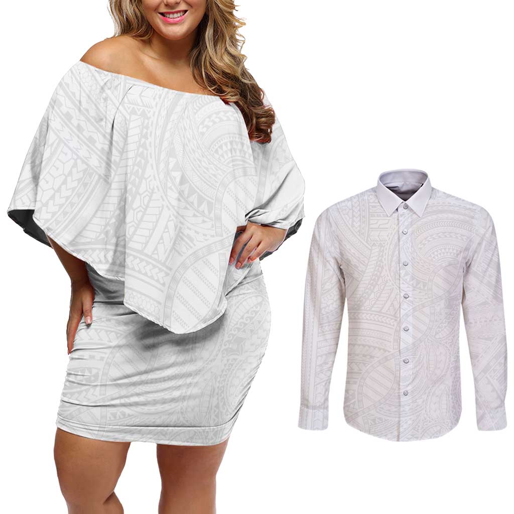 Samoan DNA Art Tattoo Couples Matching Off Shoulder Short Dress and Long Sleeve Button Shirt Polynesian Pattern All White