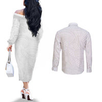 Samoan DNA Art Tattoo Couples Matching Off The Shoulder Long Sleeve Dress and Long Sleeve Button Shirt Polynesian Pattern All White