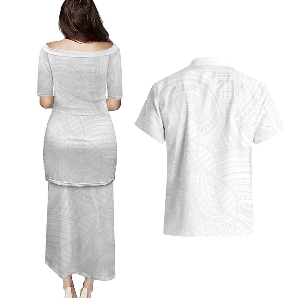 Samoan DNA Art Tattoo Couples Matching Puletasi and Hawaiian Shirt Polynesian Pattern All White
