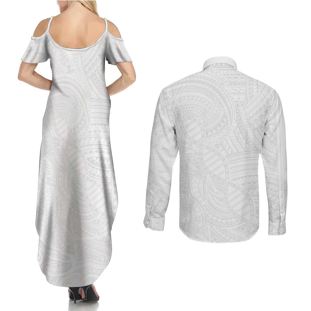 Samoan DNA Art Tattoo Couples Matching Summer Maxi Dress and Long Sleeve Button Shirt Polynesian Pattern All White
