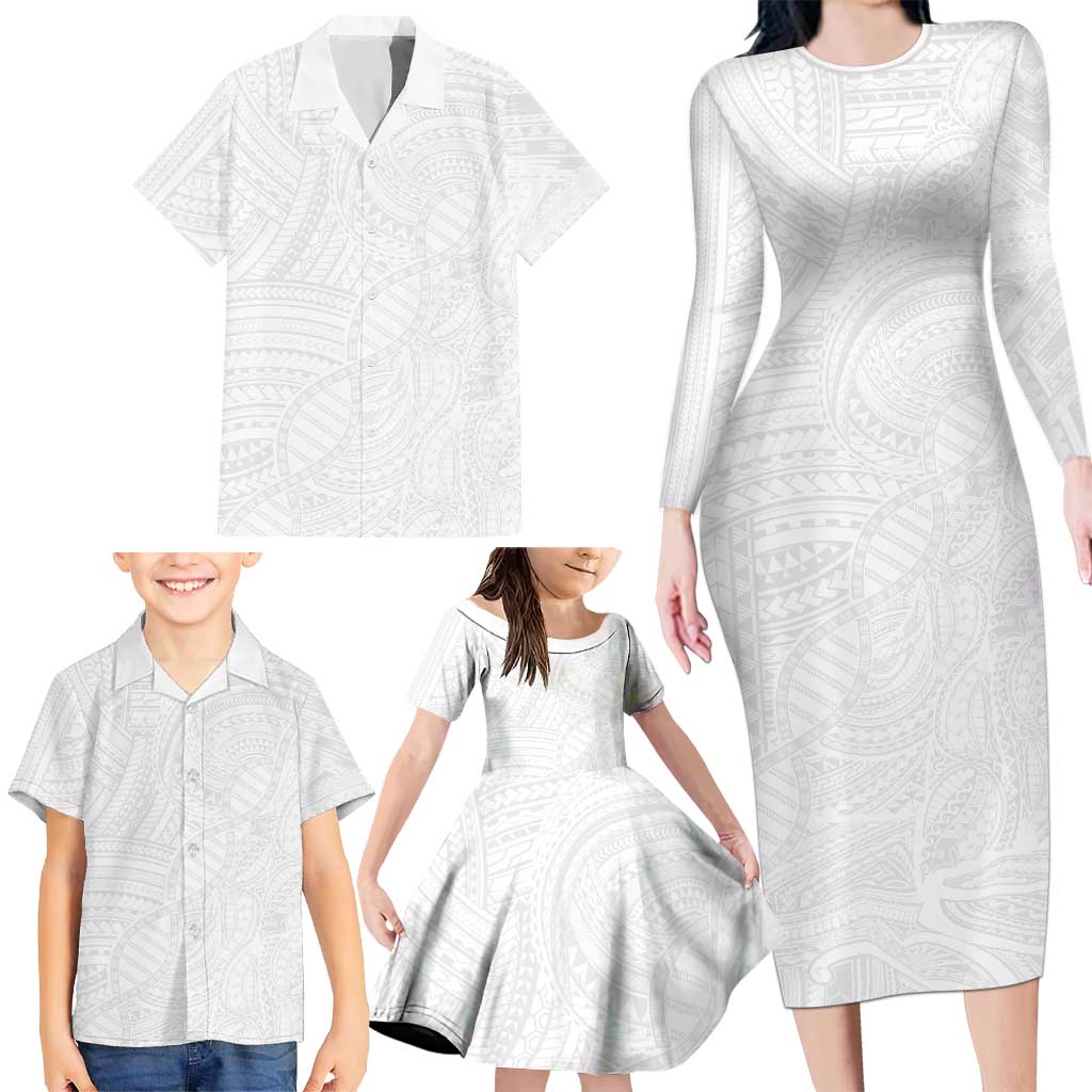 Samoan DNA Art Tattoo Family Matching Long Sleeve Bodycon Dress and Hawaiian Shirt Polynesian Pattern All White LT03 - Polynesian Pride