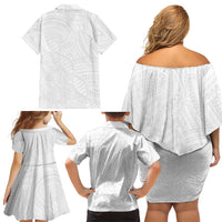 Samoan DNA Art Tattoo Family Matching Off Shoulder Short Dress and Hawaiian Shirt Polynesian Pattern All White