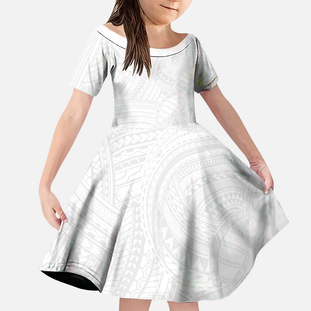 Samoan DNA Art Tattoo Kid Short Sleeve Dress Polynesian Pattern All White