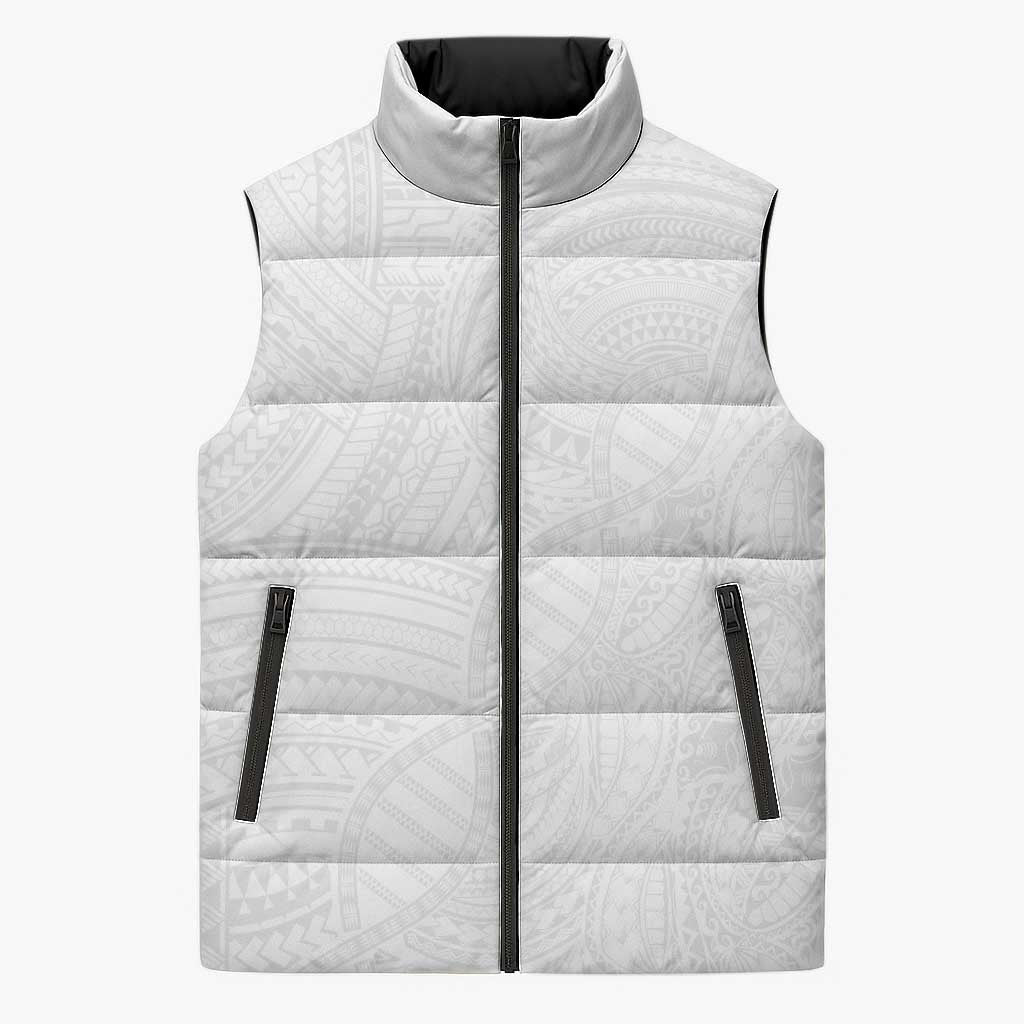 Samoan DNA Art Tattoo Sleeveless Puffer Jacket Polynesian Pattern All White